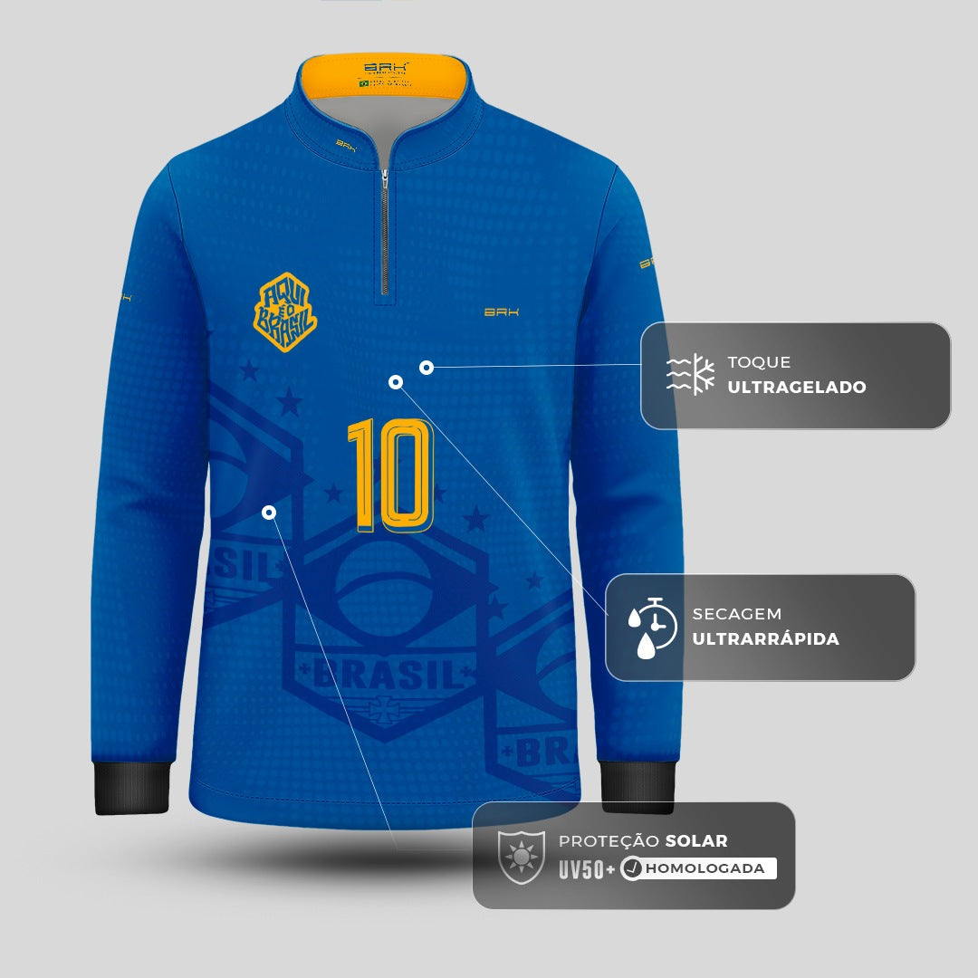Camisa Brk Infantil Aqui é o Brasil Escudo 10 Azul Royal com Proteção UV50
