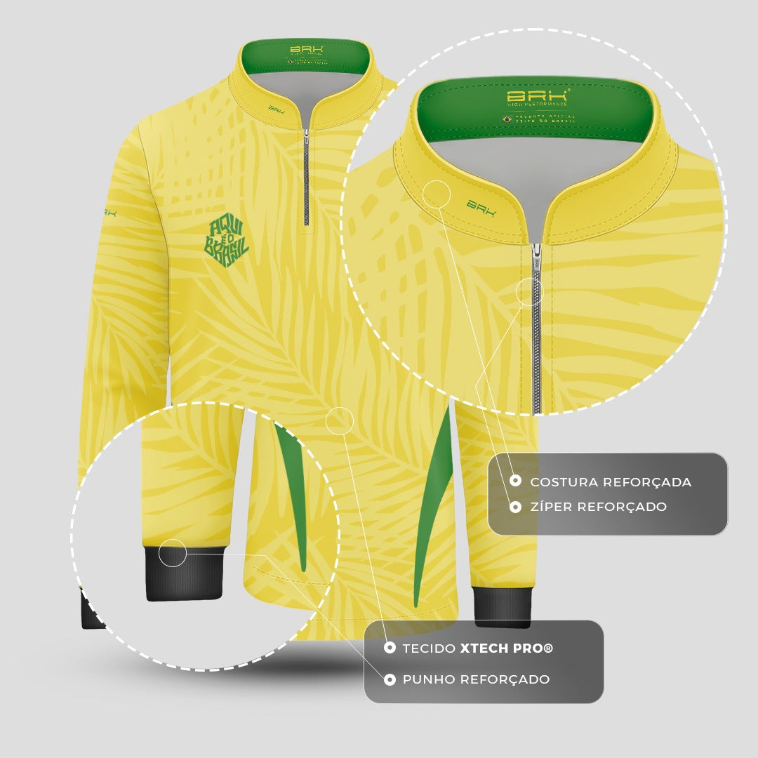 Camisa Brk Infantil Aqui é o Brasil Tropical Amarela com Proteção UV50