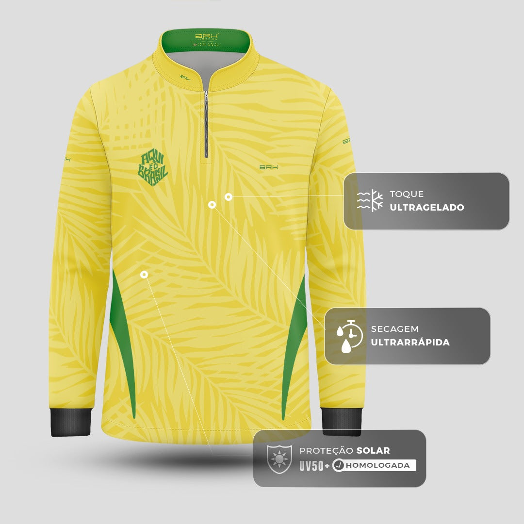 Camisa Brk Infantil Aqui é o Brasil Tropical Amarela com Proteção UV50