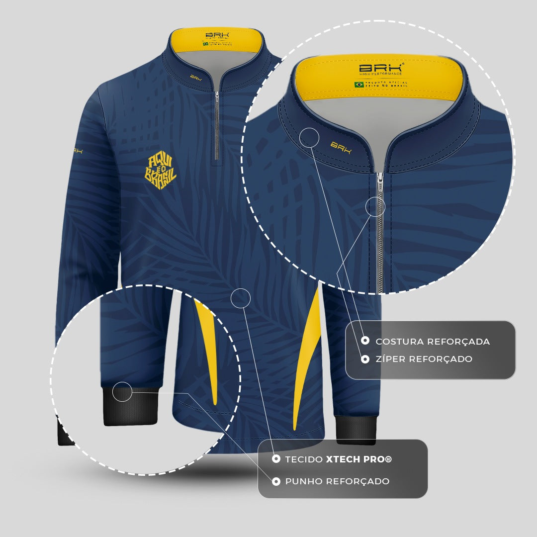 Camisa Brk Infantil Aqui é o Brasil Tropical Azul Marinho com Proteção UV50