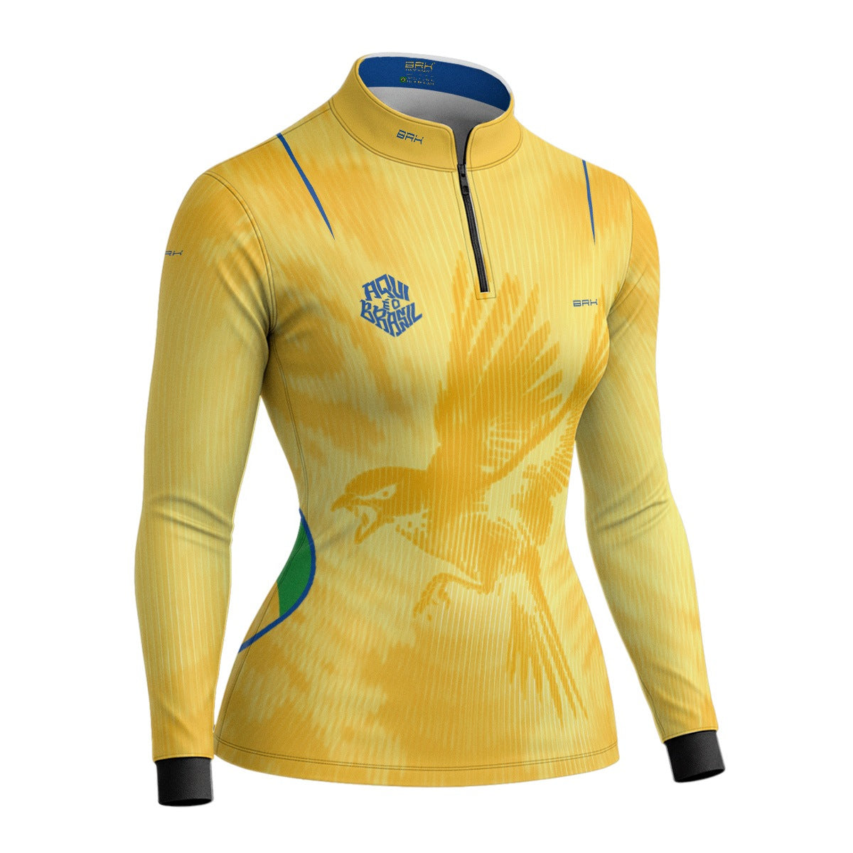 Camisa Brk Feminina Aqui é o Brasil Beija-Flor Sombreado Amarela com Proteção UV50