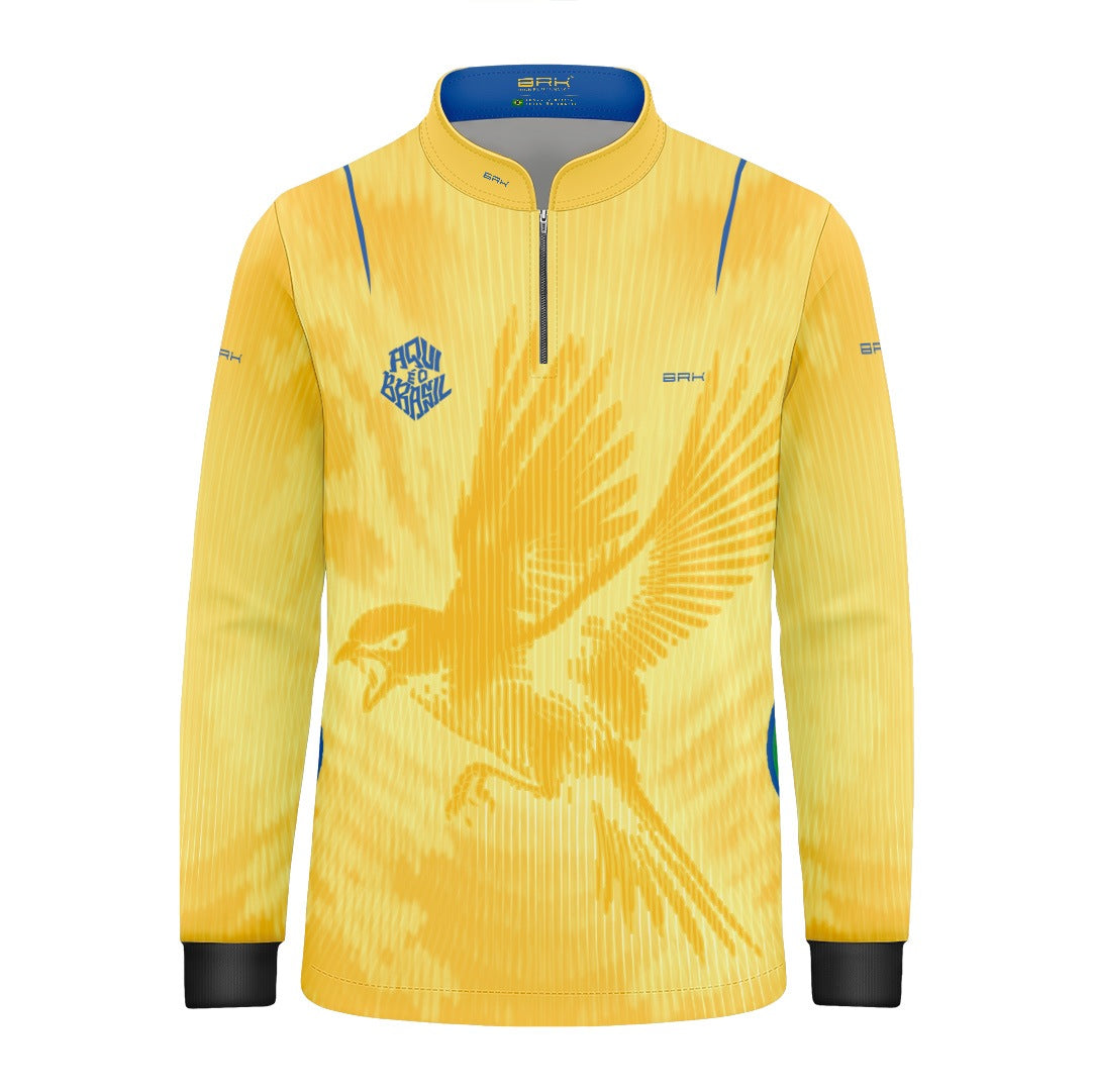 Camisa Brk Infantil Aqui é o Brasil Beija-Flor Sombreado Amarela com Proteção UV50