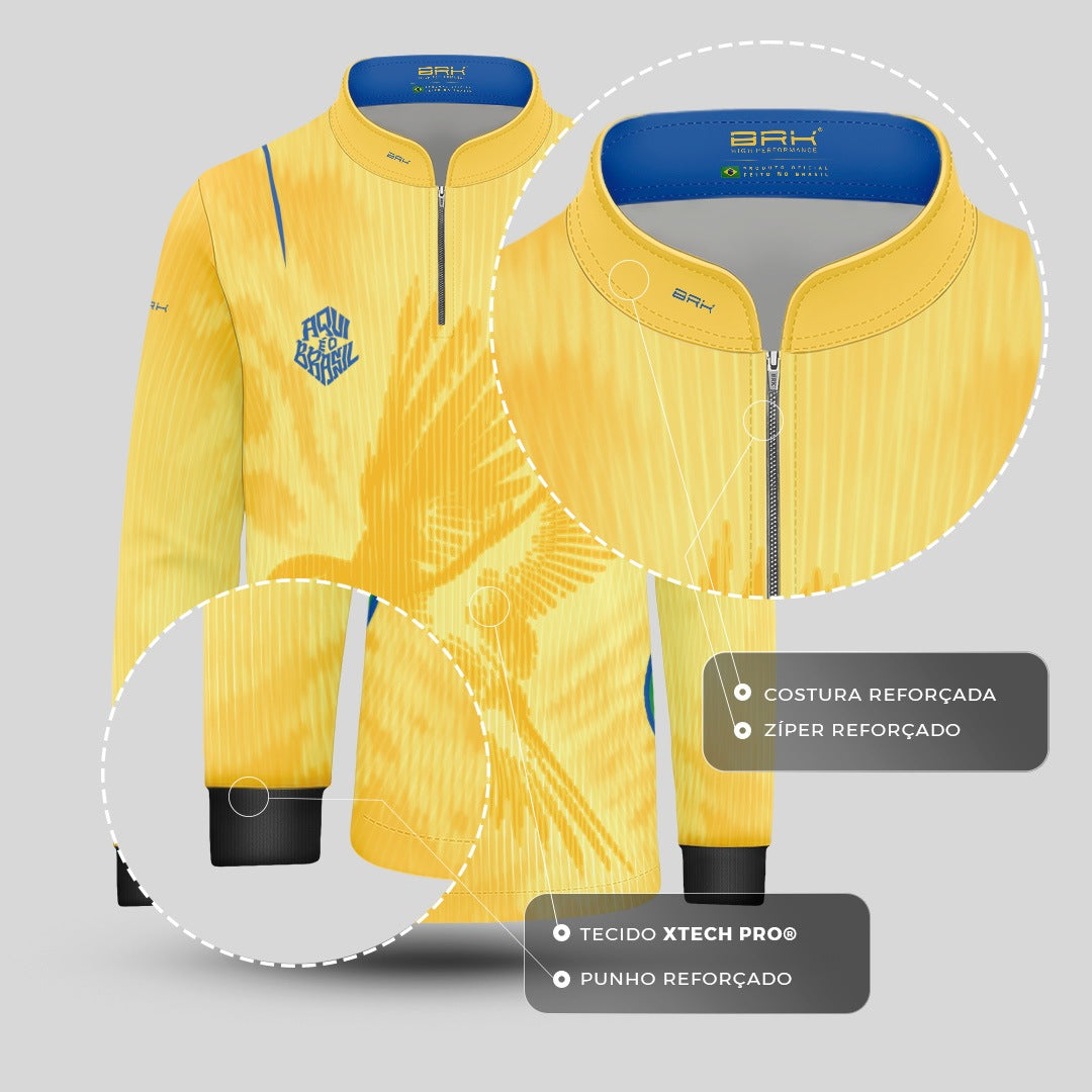 Camisa Brk Infantil Aqui é o Brasil Beija-Flor Sombreado Amarela com Proteção UV50