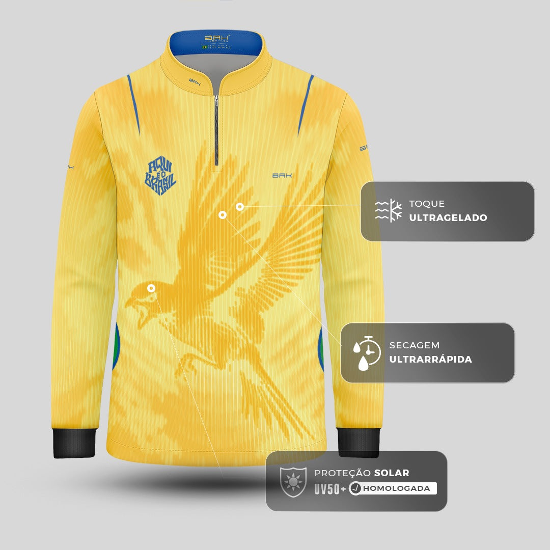 Camisa Brk Infantil Aqui é o Brasil Beija-Flor Sombreado Amarela com Proteção UV50