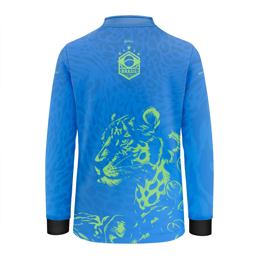 Camisa Brk Infantil Aqui é o Brasil Onça Sombreada Azul com Proteção UV50