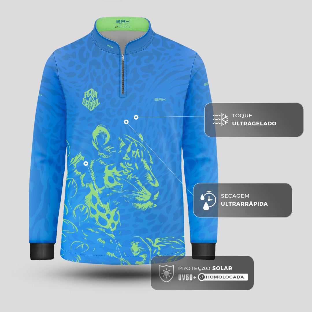 Camisa Brk Infantil Aqui é o Brasil Onça Sombreada Azul com Proteção UV50