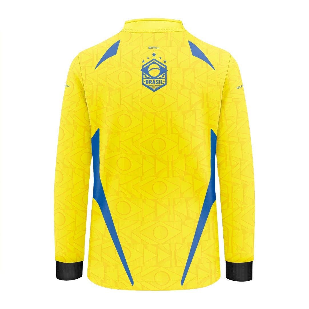 Camisa Brk Infantil Aqui é o Brasil Bandeira Geométrica Amarela com Proteção UV50