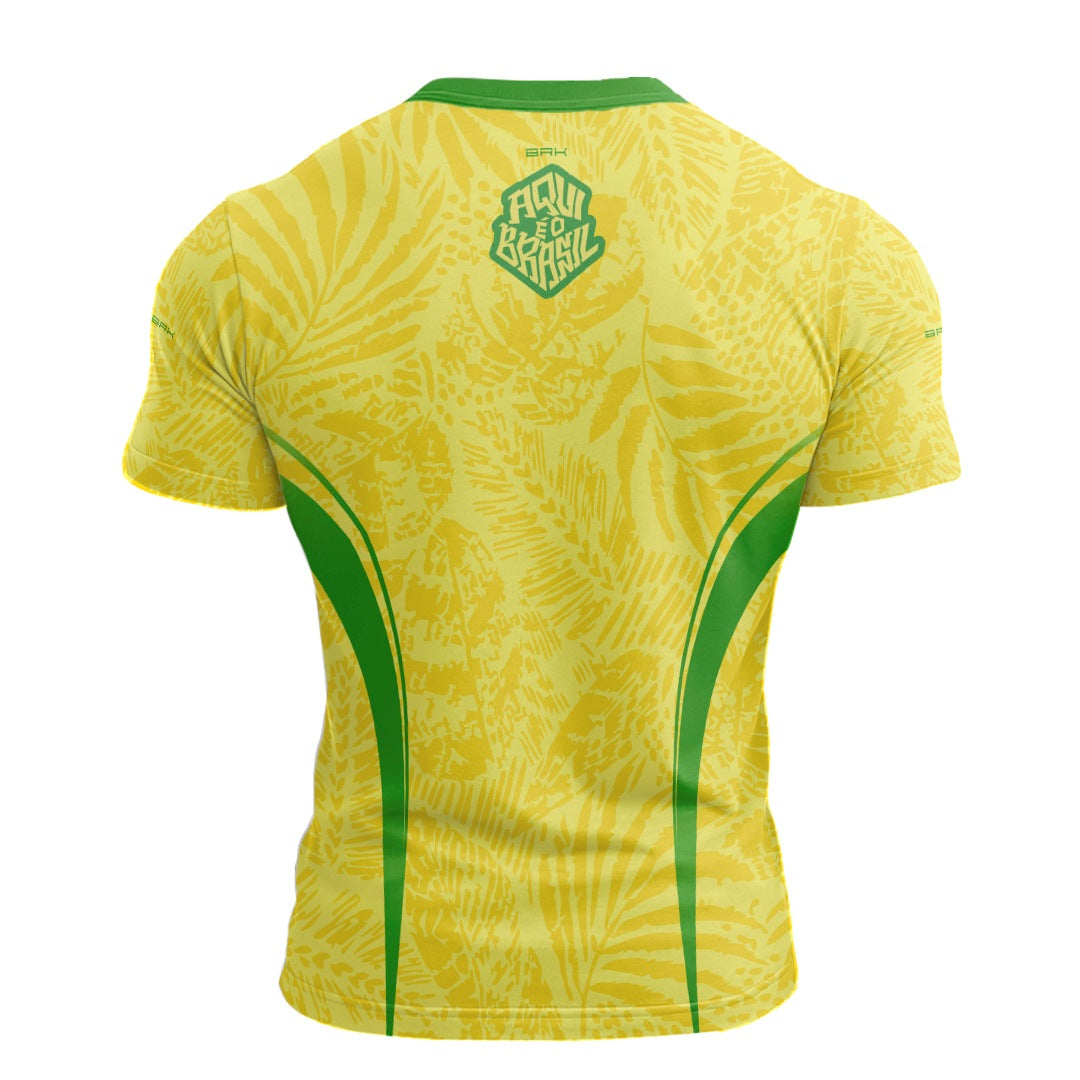 Camisa Casual Brk Aqui é o Brasil Folhagem Tropical Amarela com Proteção UV50