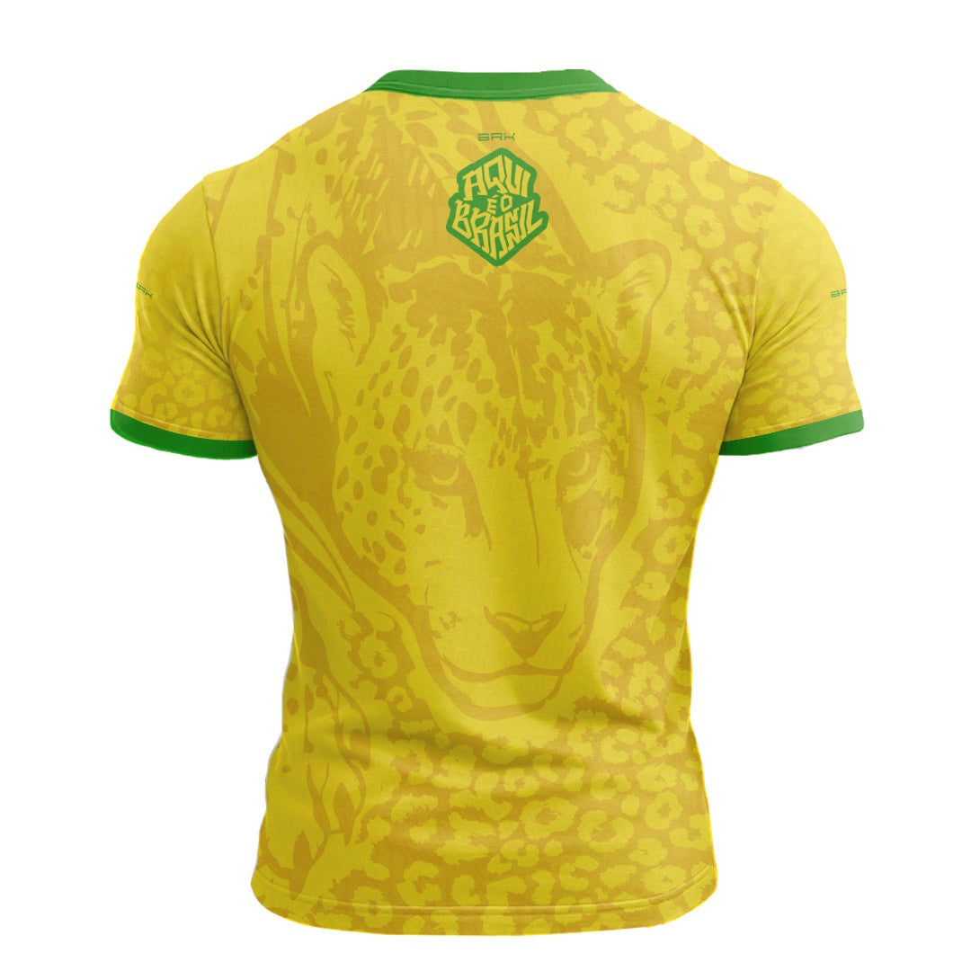 Camisa Casual Brk Aqui é o Brasil Onça Pintada Amarela com Proteção UV50