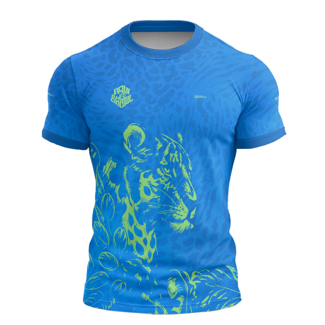 Camisa Casual Brk Aqui é o Brasil Onça Sombreada Azul com Proteção UV50
