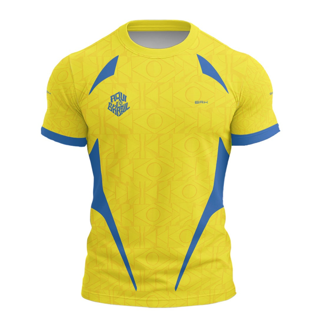 Camisa Casual Brk Aqui é o Brasil Bandeira Geométrica Amarela com Proteção UV50