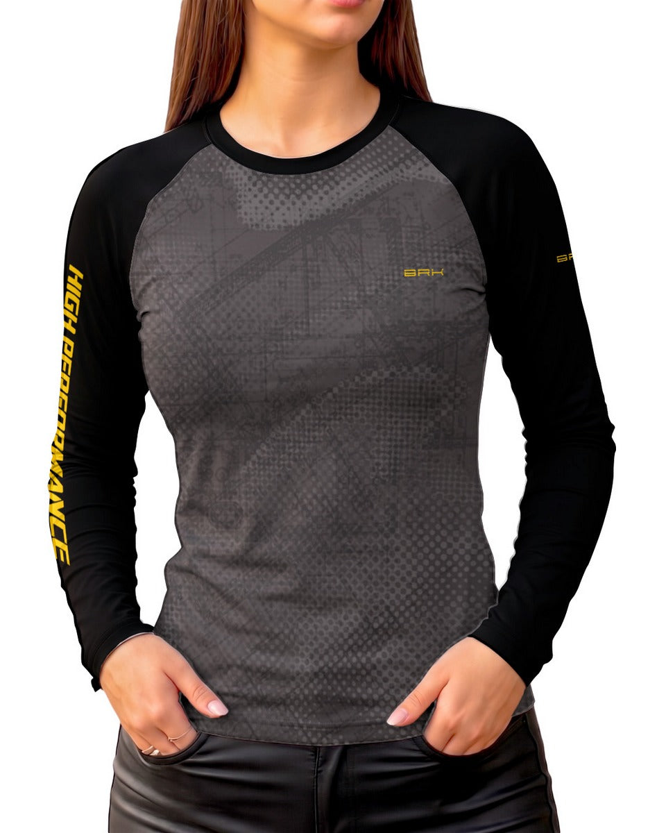Camisa Motociclismo Feminina Brk GS R1300 Adventure Blueprint Cinza com Proteção UV50
