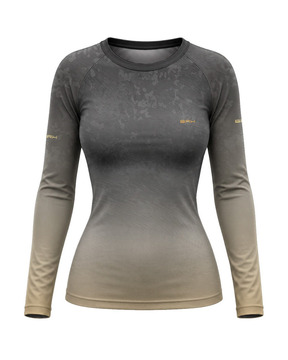 Camisa UV50 Segunda Pele Feminina Brk Custom Hunter Minimalista Dourado e Cinza com UV50+