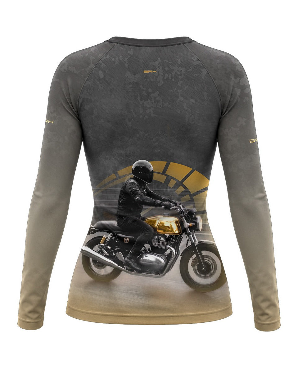 Camisa UV50 Segunda Pele Feminina Brk Custom Hunter Minimalista Dourado e Cinza com UV50+