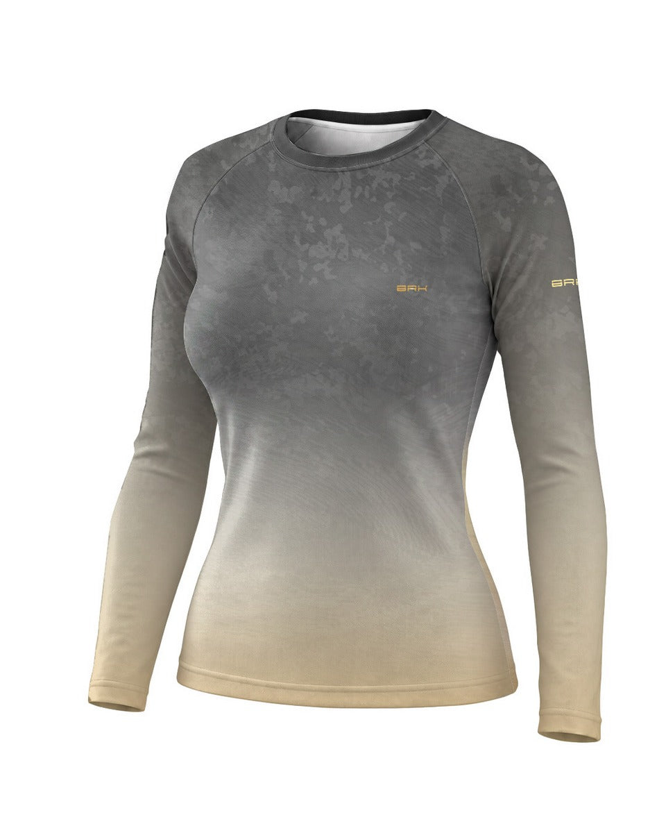 Camisa UV50 Segunda Pele Feminina Brk Custom Hunter Minimalista Dourado e Cinza com UV50+