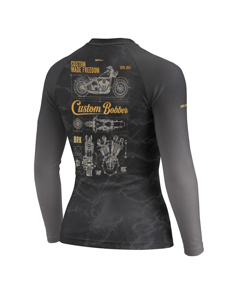Camisa UV50 Segunda Pele Feminina Brk Custom Bobber Blueprint Dourado e Preto com UV50+