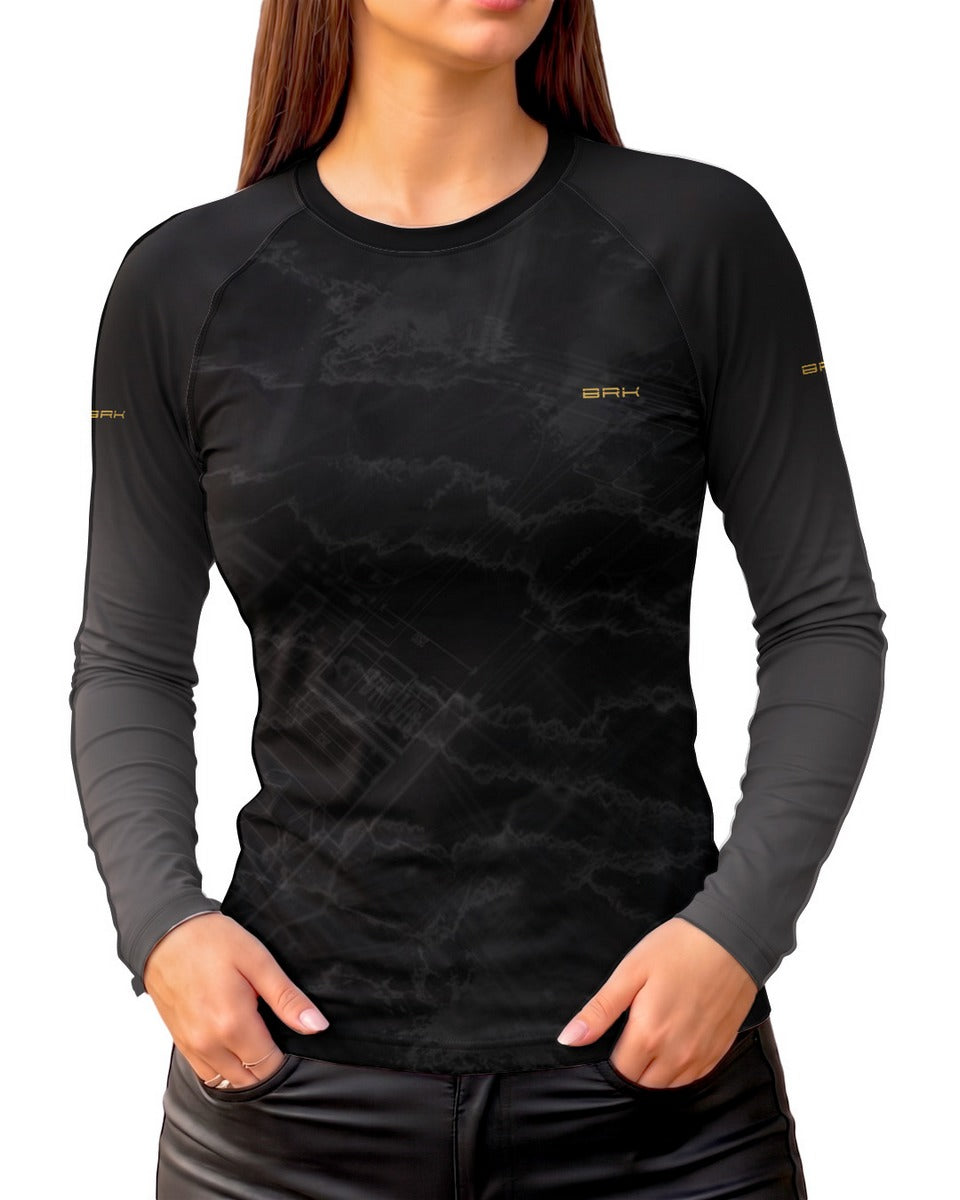 Camisa UV50 Segunda Pele Feminina Brk Custom Bobber Blueprint Dourado e Preto com UV50+