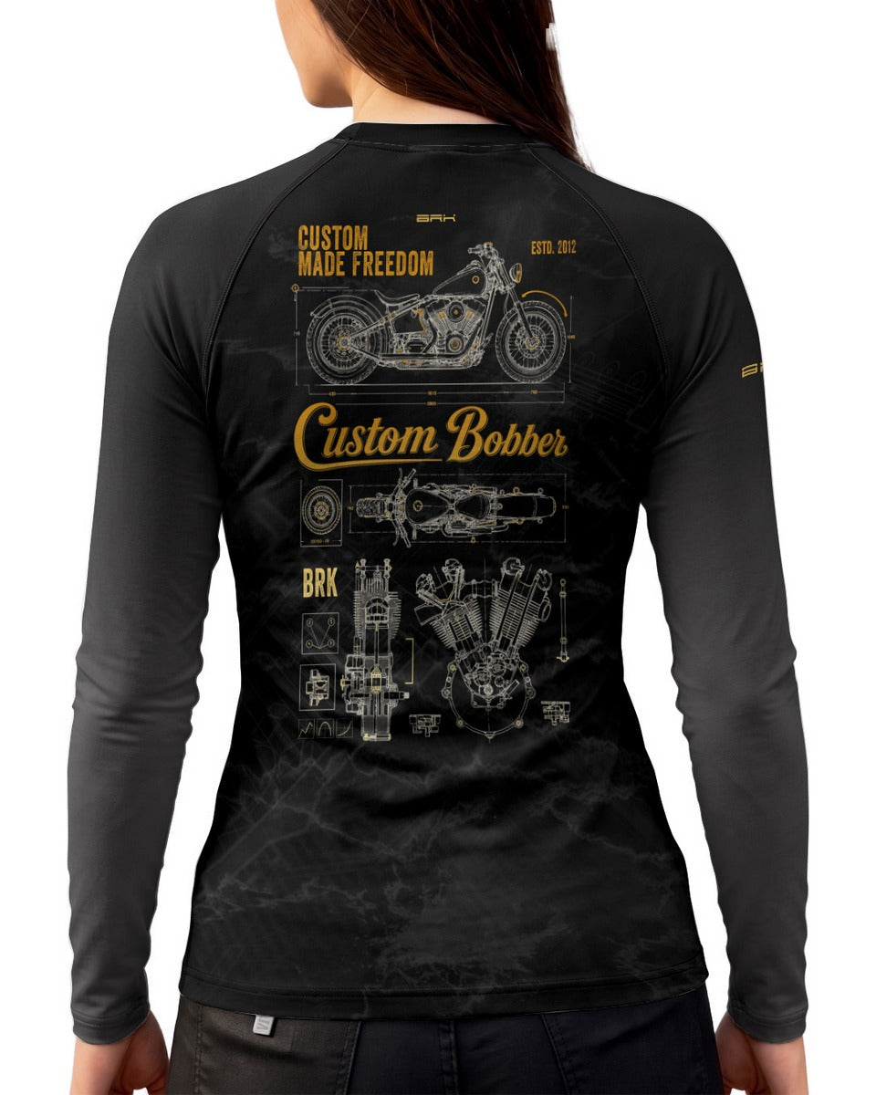 Camisa UV50 Segunda Pele Feminina Brk Custom Bobber Blueprint Dourado e Preto com UV50+