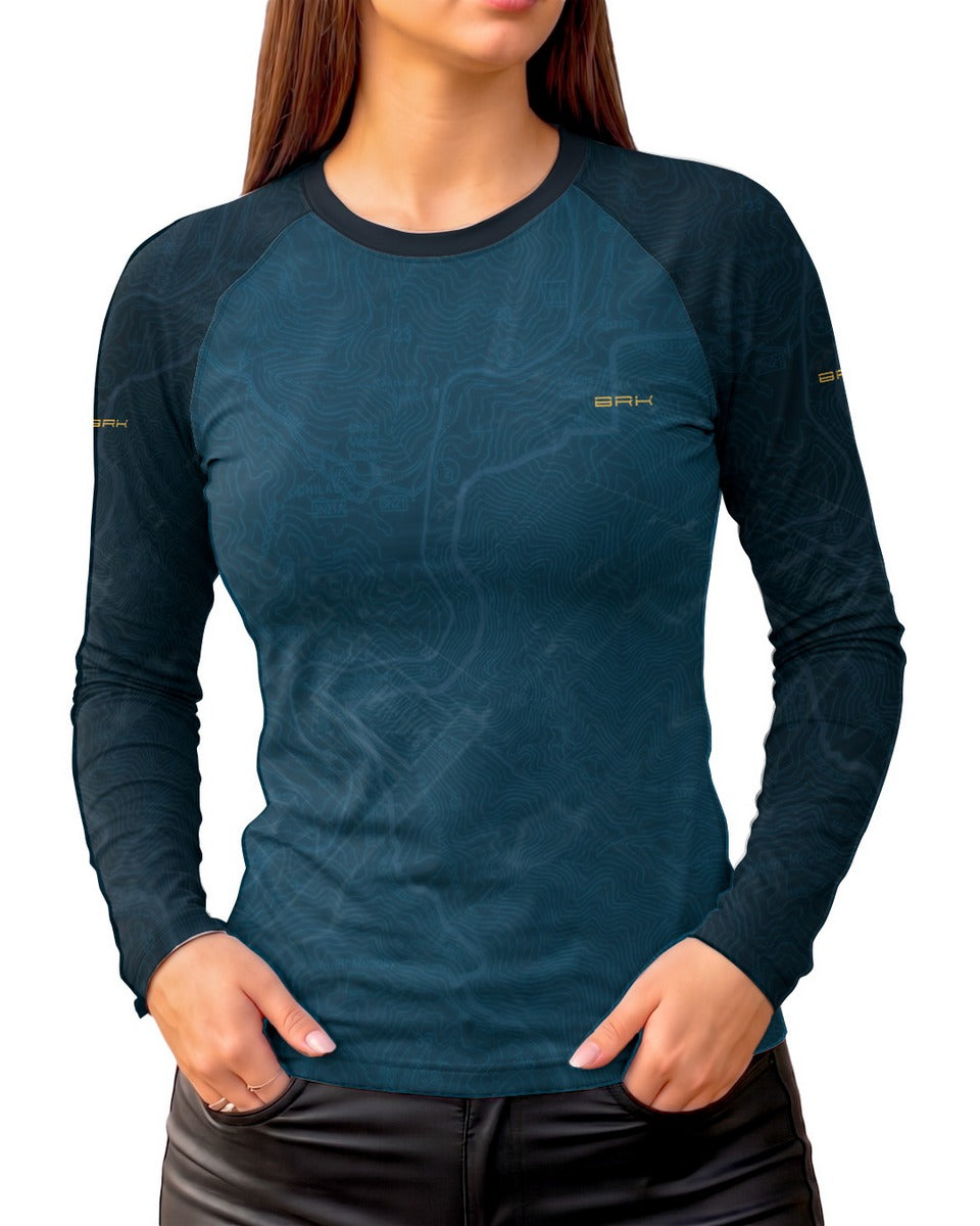 Camisa UV50 Segunda Pele Feminina Brk Custom Hunter 350 Azul e Dourado com UV50+