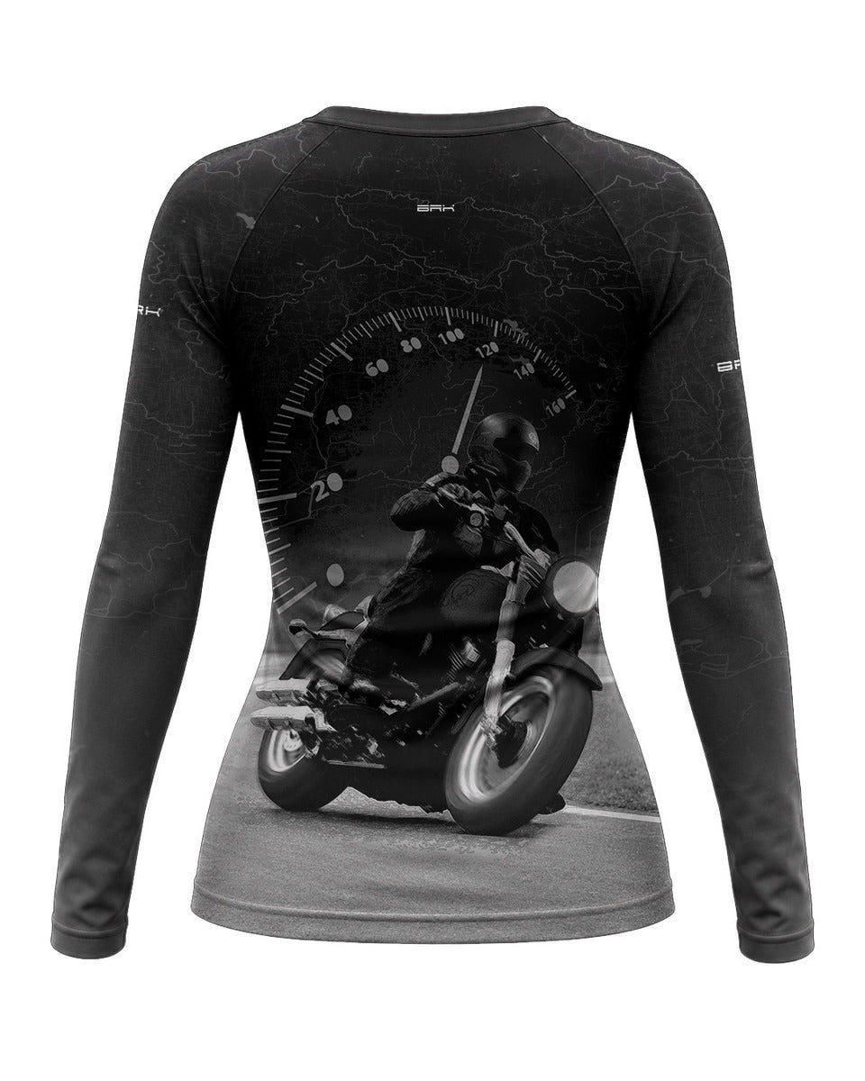 Camisa UV50 Segunda Pele Feminina Brk Custom Fat Boy Preto e Cinza com UV50+