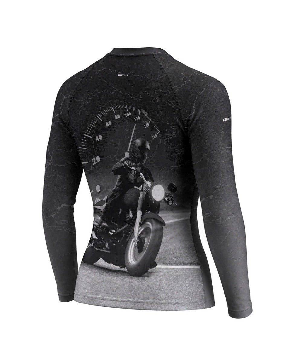 Camisa UV50 Segunda Pele Feminina Brk Custom Fat Boy Preto e Cinza com UV50+