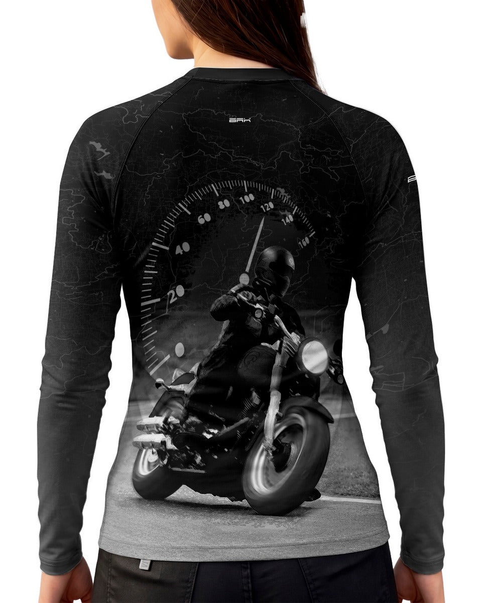 Camisa UV50 Segunda Pele Feminina Brk Custom Fat Boy Preto e Cinza com UV50+