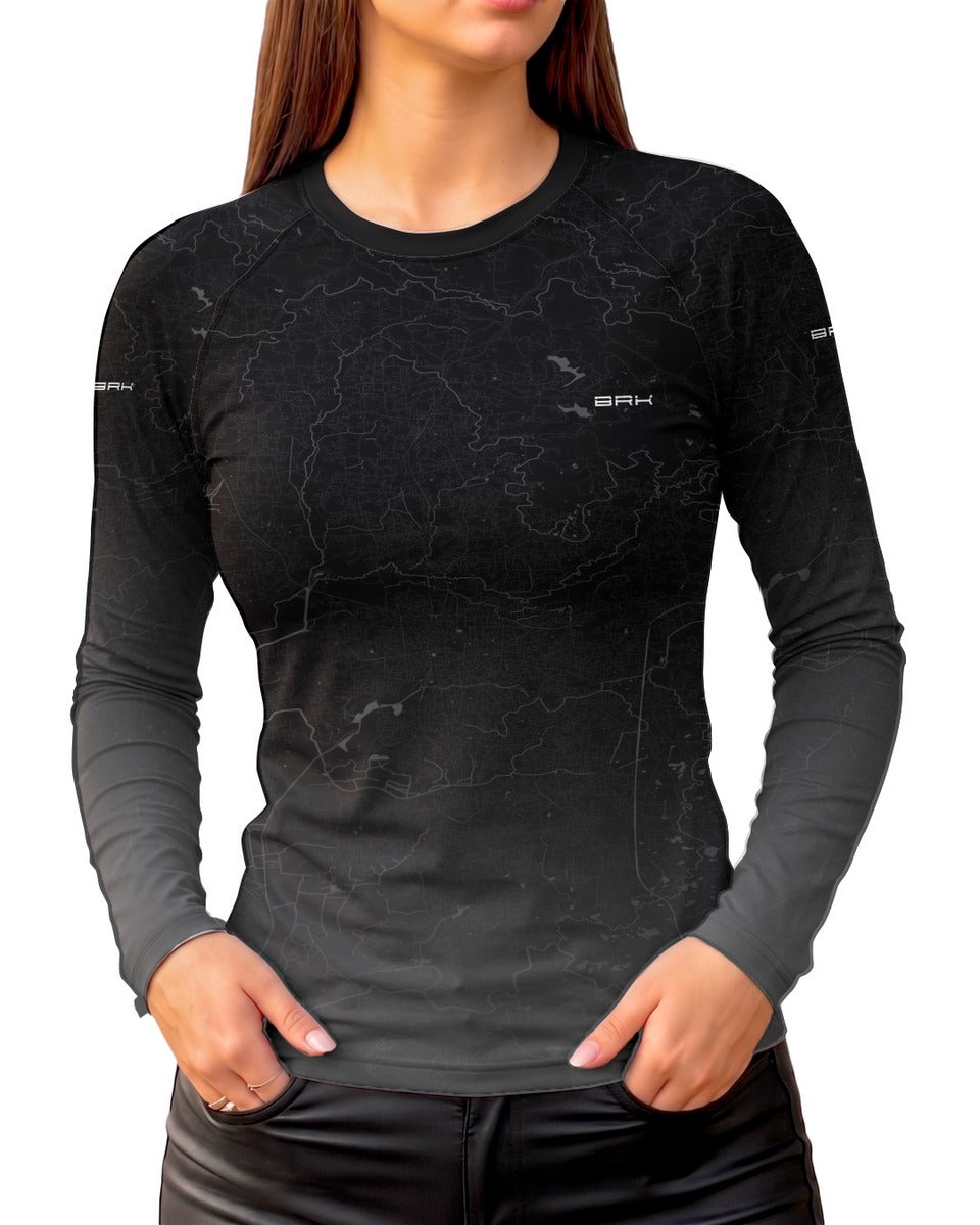 Camisa UV50 Segunda Pele Feminina Brk Custom Fat Boy Preto e Cinza Clean com UV50+