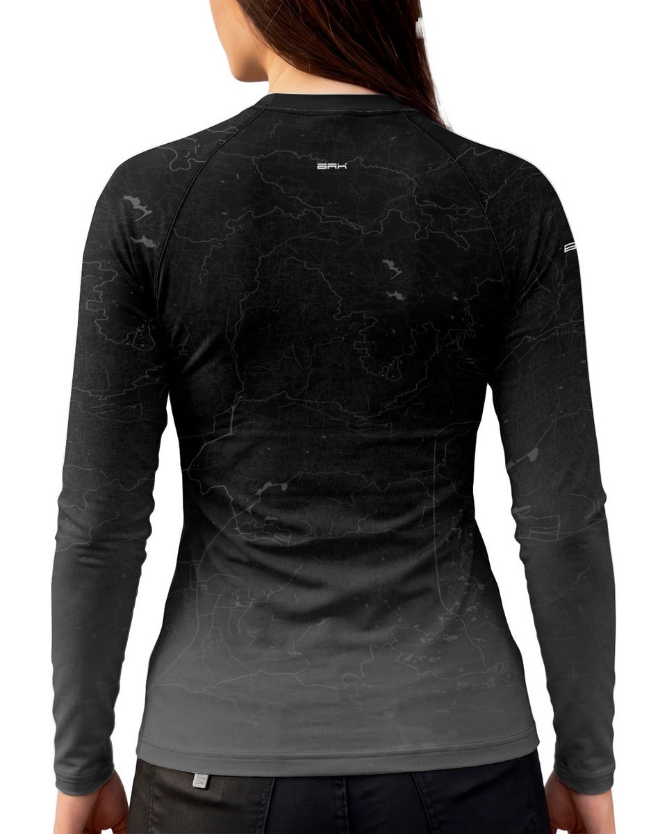 Camisa UV50 Segunda Pele Feminina Brk Custom Fat Boy Preto e Cinza Clean com UV50+