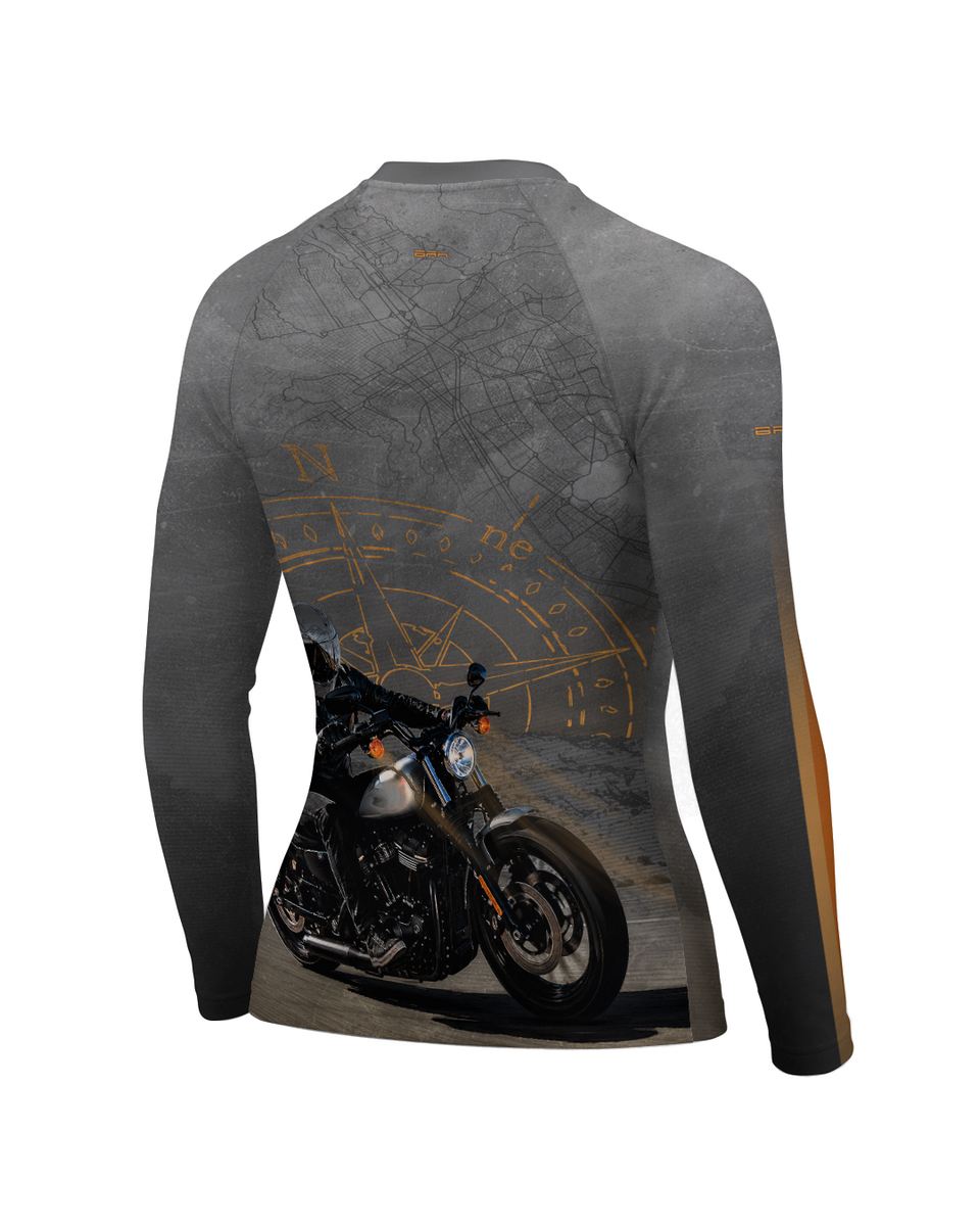 Camisa UV50 Segunda Pele Feminina Brk Harley Davidson Iron 833 Cinza e Laranja com UV50+