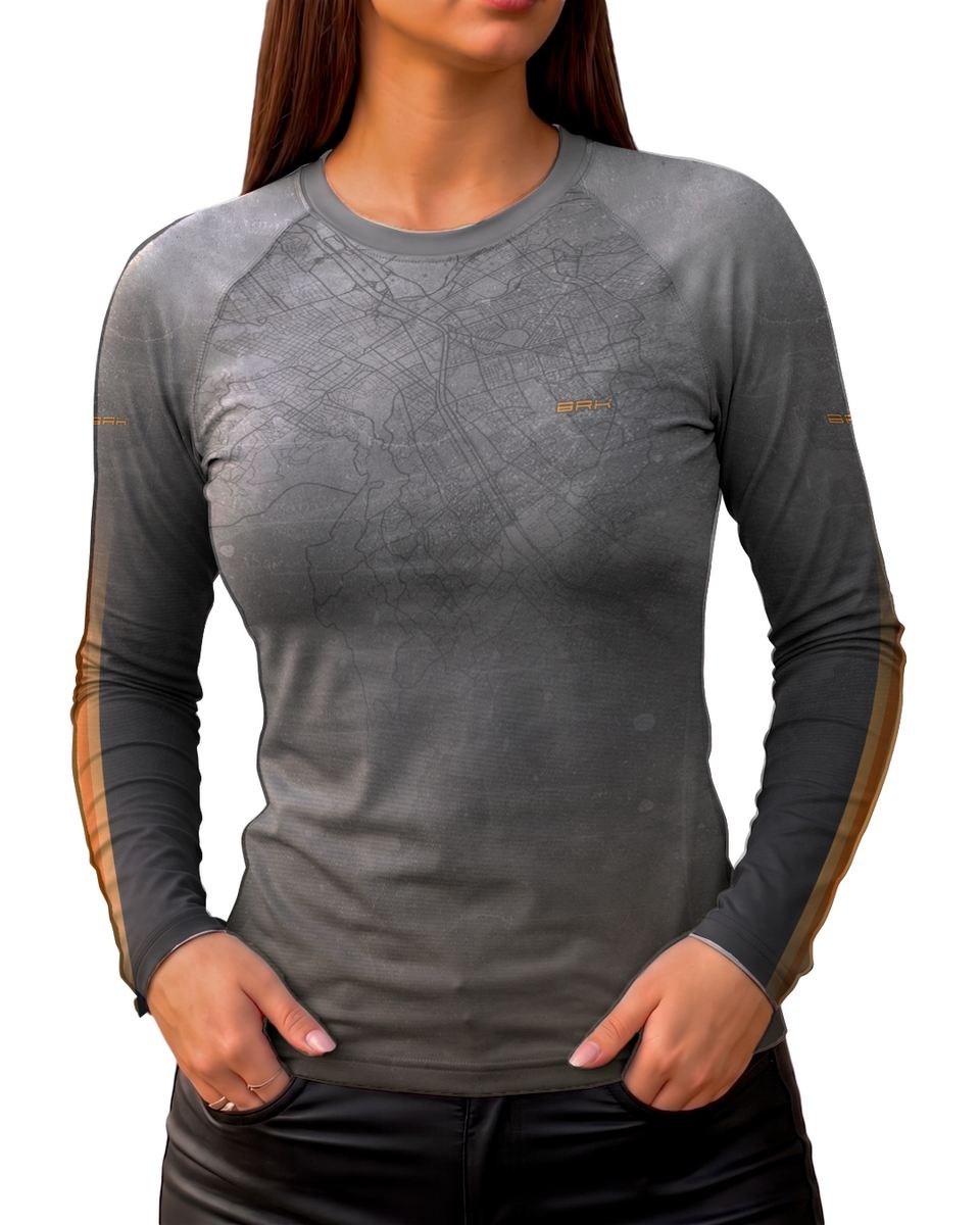 Camisa UV50 Segunda Pele Feminina Brk Harley Davidson Iron 833 Cinza e Laranja com UV50+