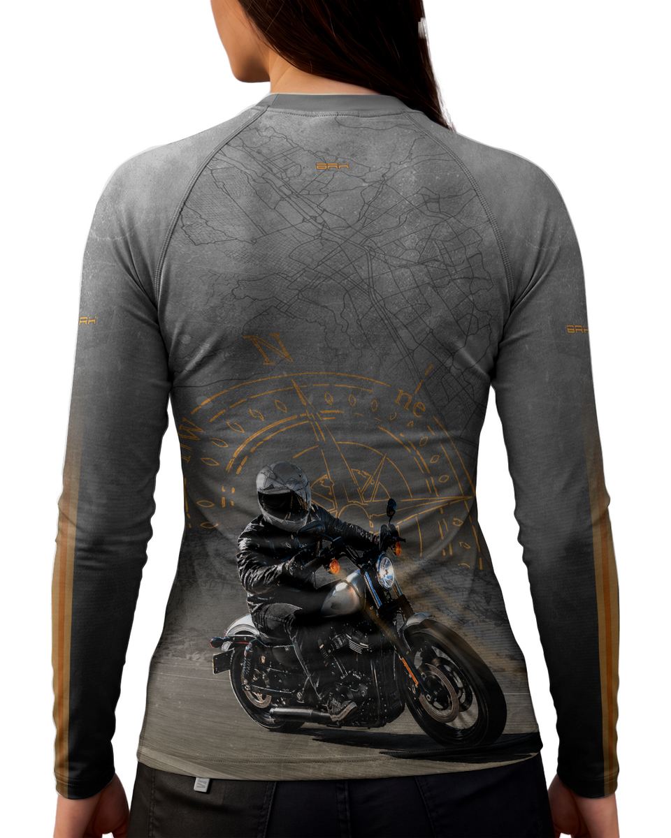 Camisa UV50 Segunda Pele Feminina Brk Harley Davidson Iron 833 Cinza e Laranja com UV50+