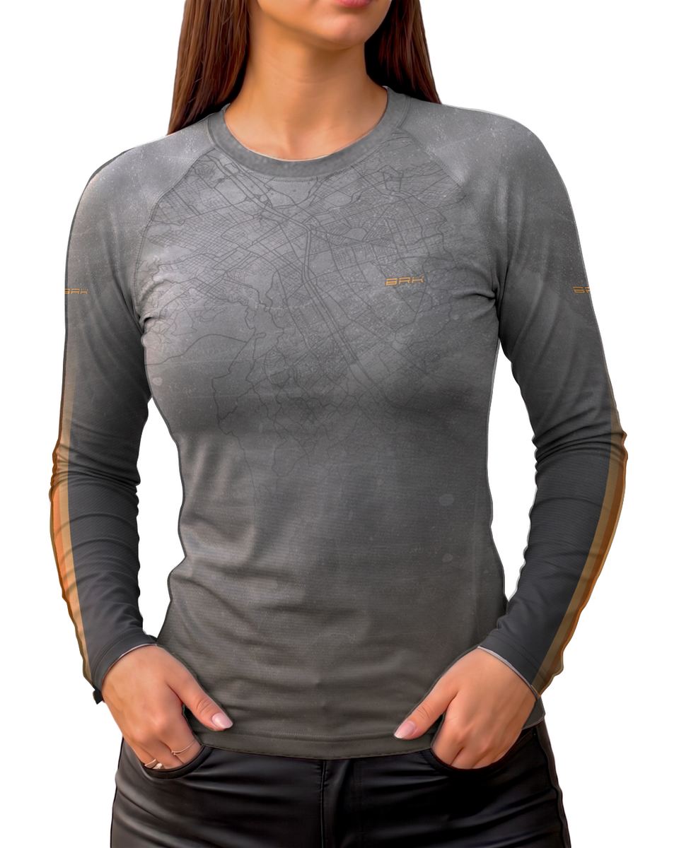 Camisa UV50 Segunda Pele Feminina Brk Harley Davidson Iron 833 Cinza e Laranja Clean com UV50+