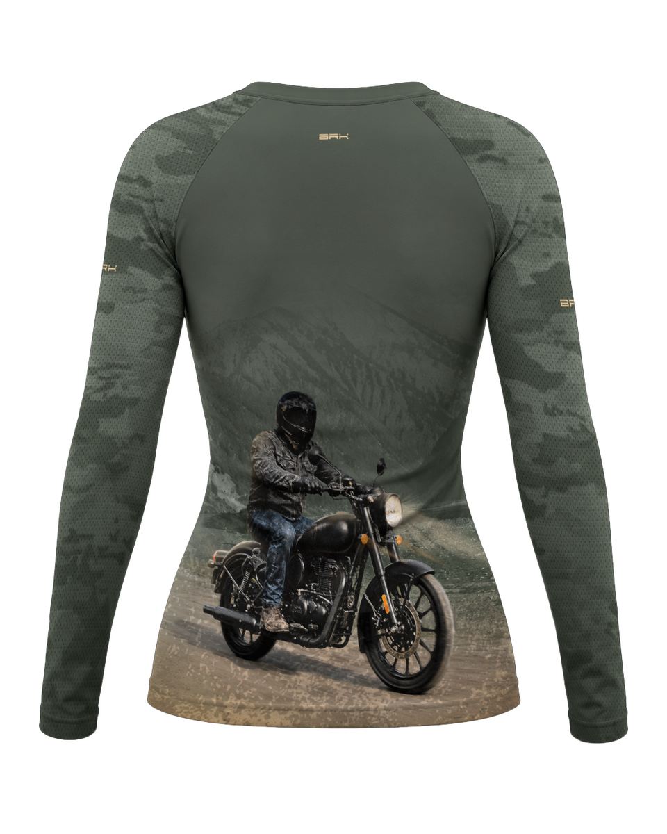 Camisa UV50 Segunda Pele Feminina Brk Royal Enfield Classic 350 Camu Verde Militar com UV50+