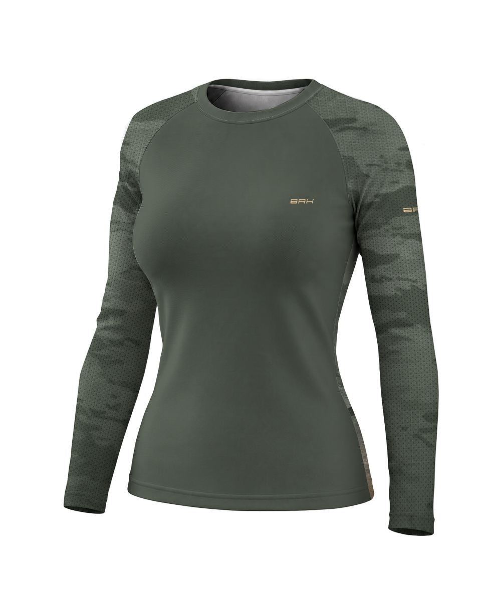 Camisa UV50 Segunda Pele Feminina Brk Royal Enfield Classic 350 Camu Verde Militar com UV50+