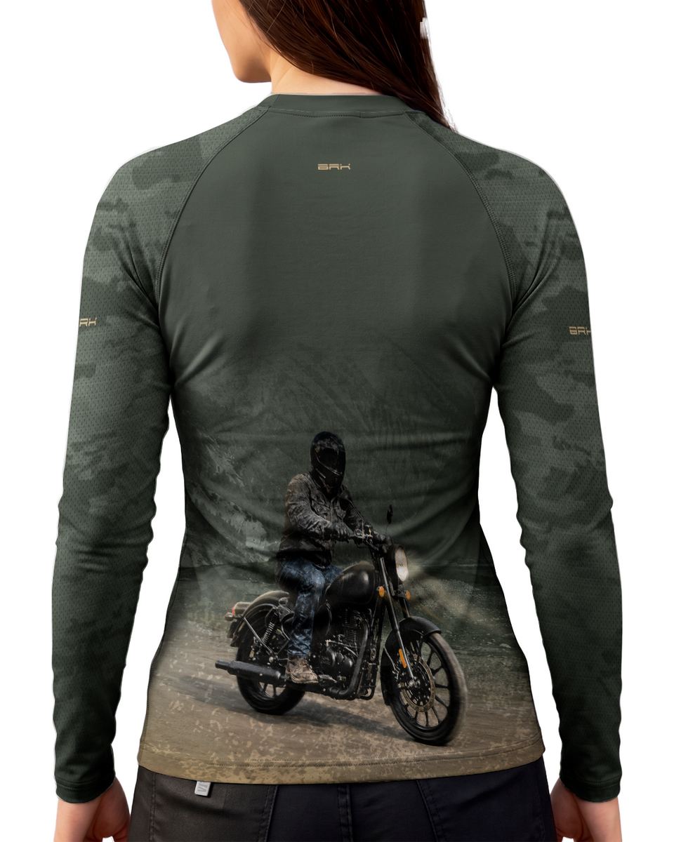 Camisa UV50 Segunda Pele Feminina Brk Royal Enfield Classic 350 Camu Verde Militar com UV50+