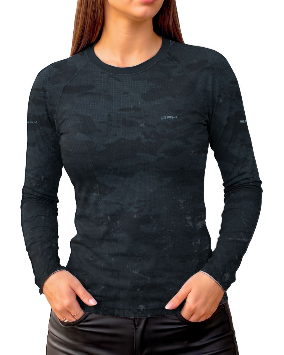 Camisa UV50 Segunda Pele Feminina Brk Harley Davidson Iron 833 Blueprint Camu Azul com UV50+