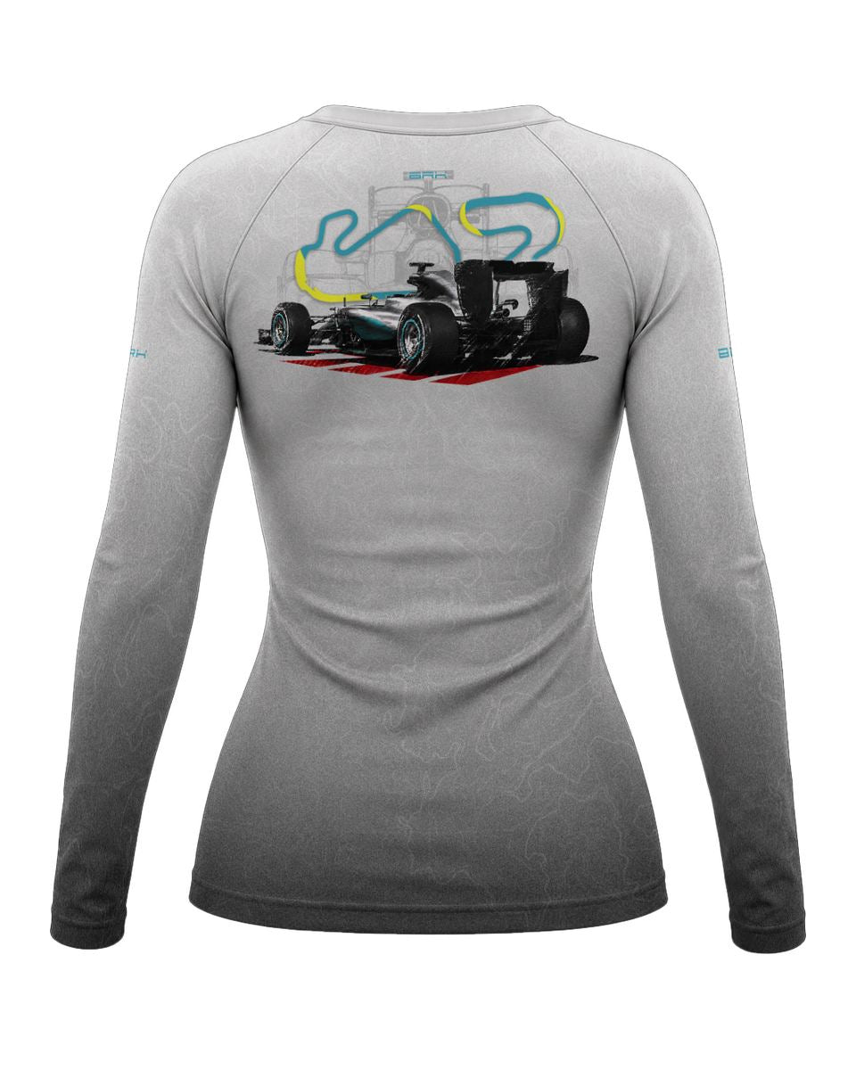 Camisa Segunda Pele Feminina Brk Fórmula 1 Mercedes W07 Branco e Cinza com UV50+