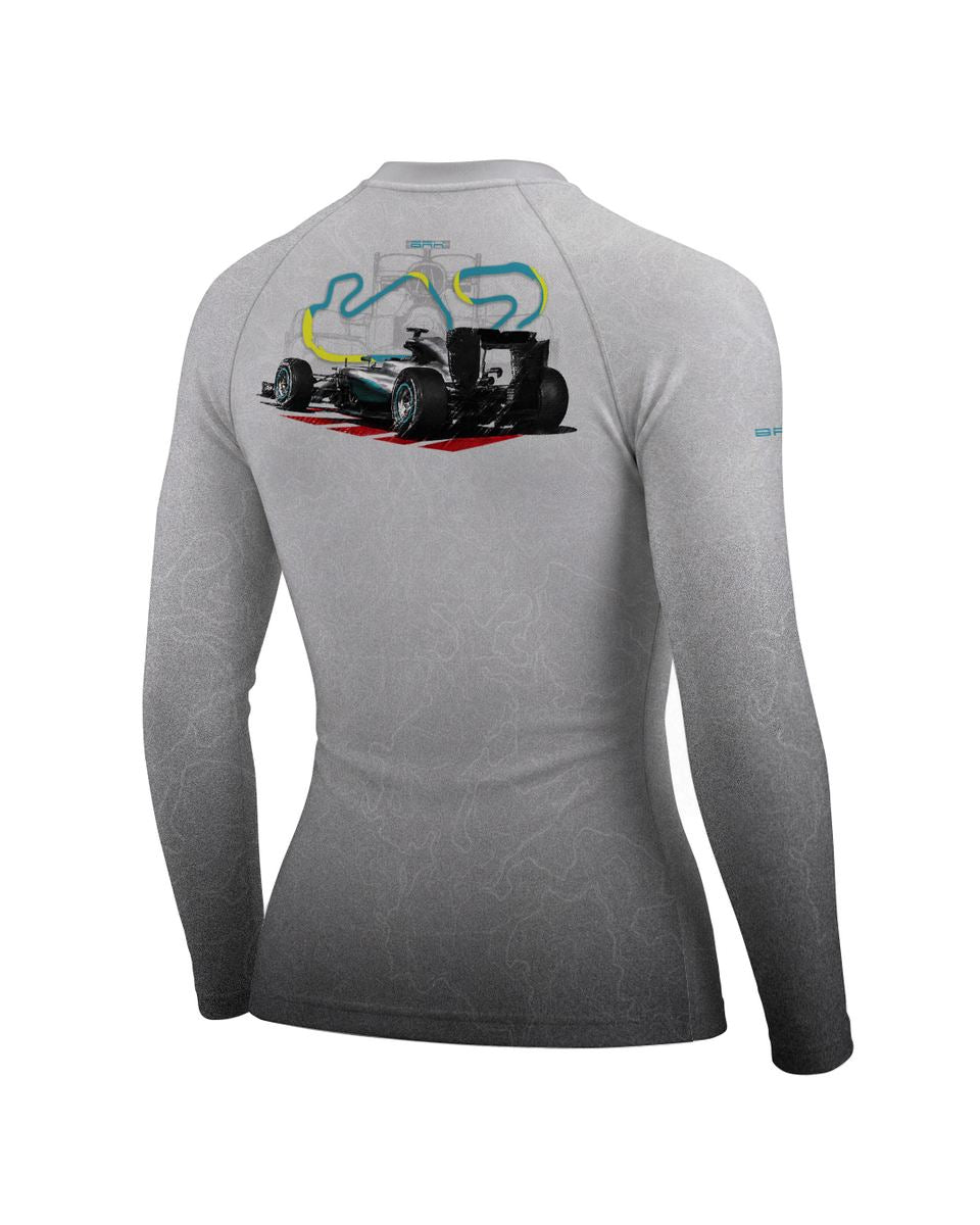 Camisa Segunda Pele Feminina Brk Fórmula 1 Mercedes W07 Branco e Cinza com UV50+