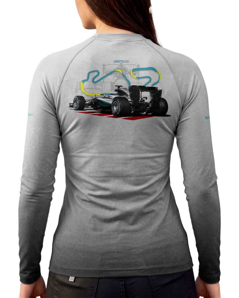 Camisa Segunda Pele Feminina Brk Fórmula 1 Mercedes W07 Branco e Cinza com UV50+