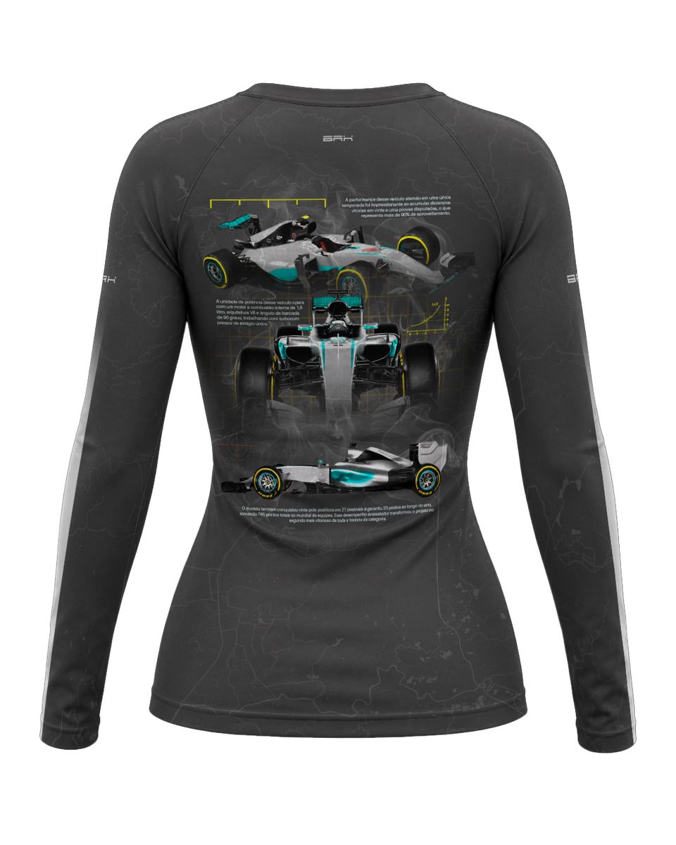 Camisa Segunda Pele Feminina Brk Fórmula 1 Mercedes W07 Cinza e Ciano com UV50+