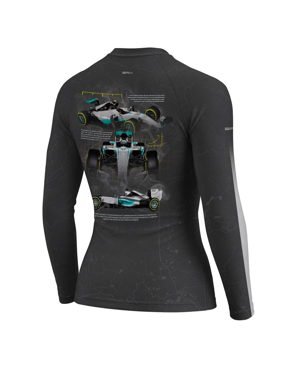 Camisa Segunda Pele Feminina Brk Fórmula 1 Mercedes W07 Cinza e Ciano com UV50+