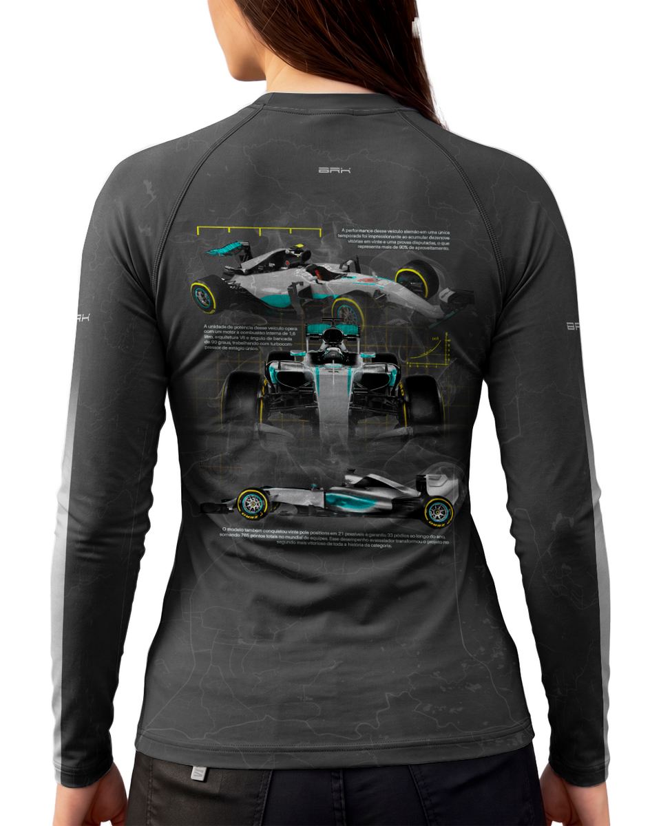 Camisa Segunda Pele Feminina Brk Fórmula 1 Mercedes W07 Cinza e Ciano com UV50+