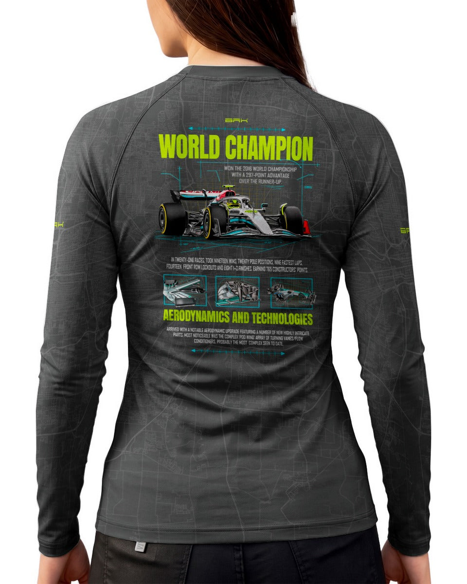 Camisa Segunda Pele Feminina Brk Fórmula 1 Mercedes W07 World Champion com UV50+