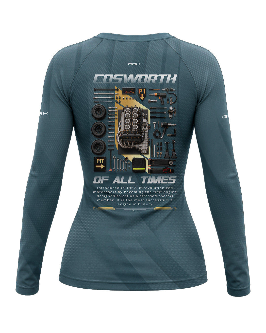 Camisa Segunda Pele Feminina Brk Fórmula 1 Cosworth Motor Lendário com UV50+