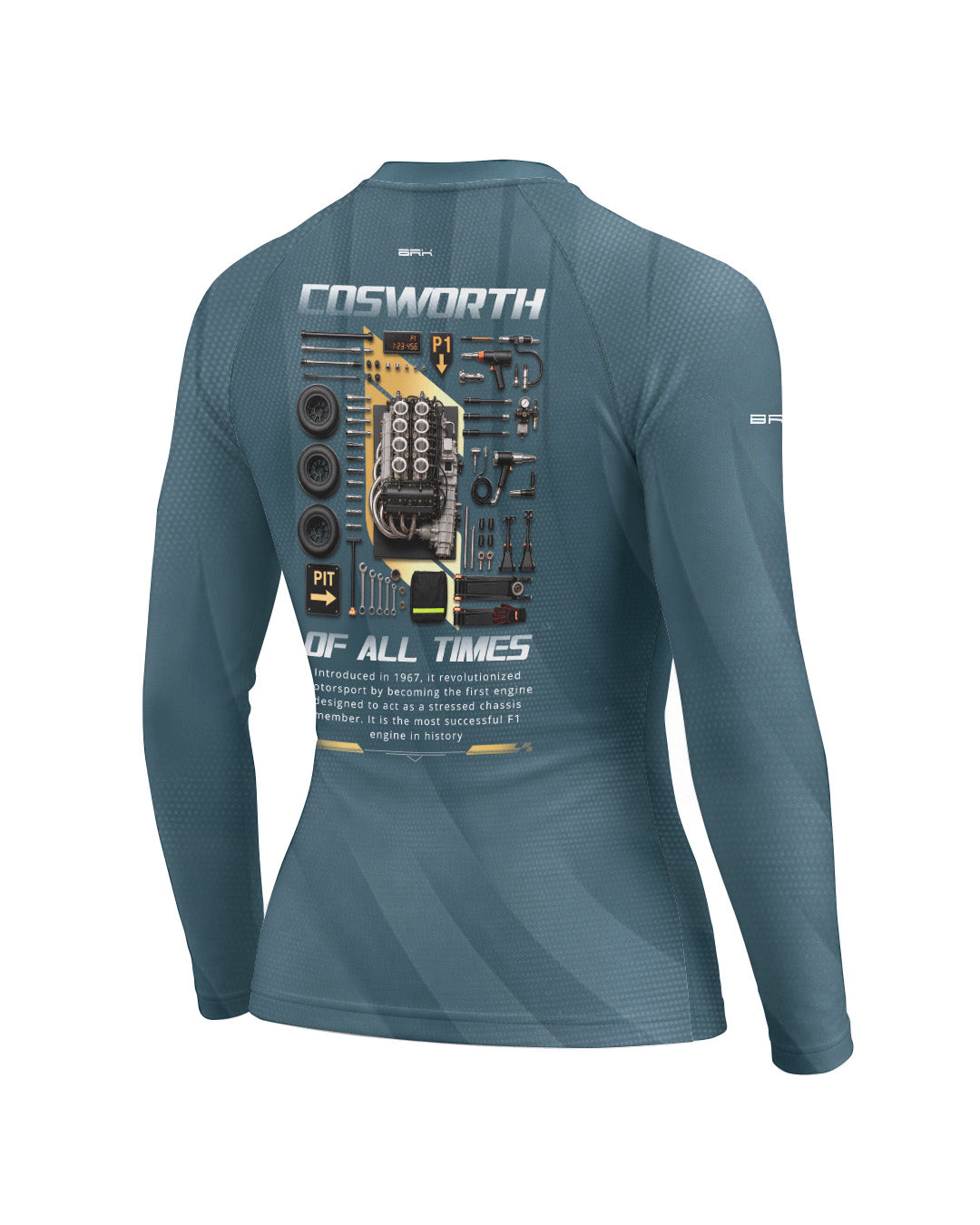 Camisa Segunda Pele Feminina Brk Fórmula 1 Cosworth Motor Lendário com UV50+