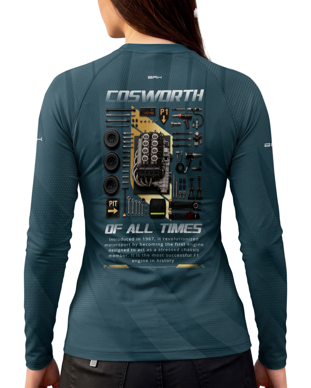 Camisa Segunda Pele Feminina Brk Fórmula 1 Cosworth Motor Lendário com UV50+