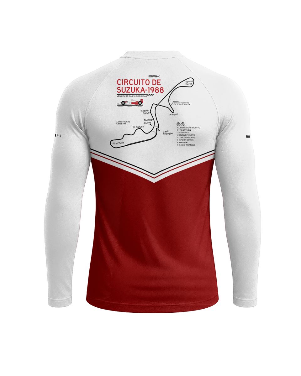Camisa Segunda Pele Brk Fórmula 1 Circuito de Suzuka 1988 Mclaren Branco e Vermelho com UV50+