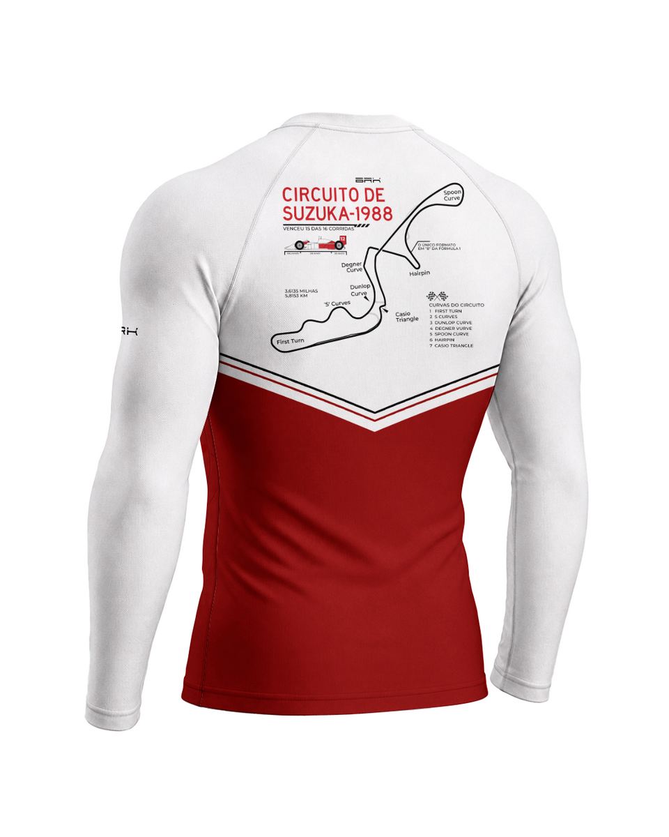 Camisa Segunda Pele Brk Fórmula 1 Circuito de Suzuka 1988 Mclaren Branco e Vermelho com UV50+