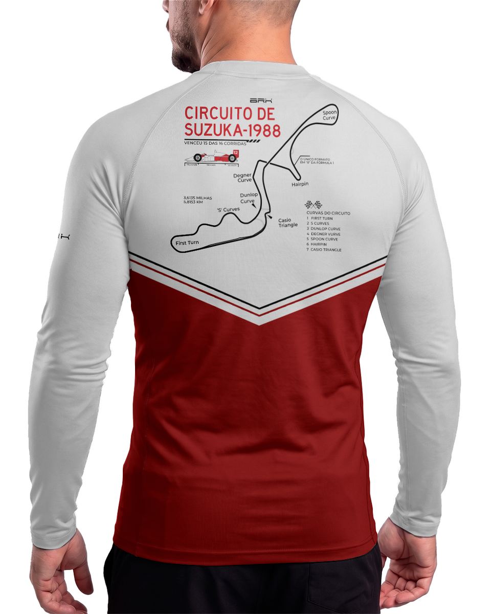 Camisa Segunda Pele Brk Fórmula 1 Circuito de Suzuka 1988 Mclaren Branco e Vermelho com UV50+