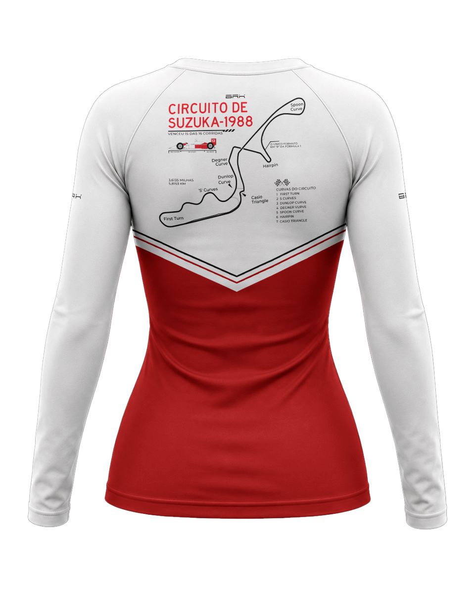 Camisa Segunda Pele Feminina Brk Fórmula 1 Circuito de Suzuka 1988 Mclaren Branco e Vermelho com UV50+